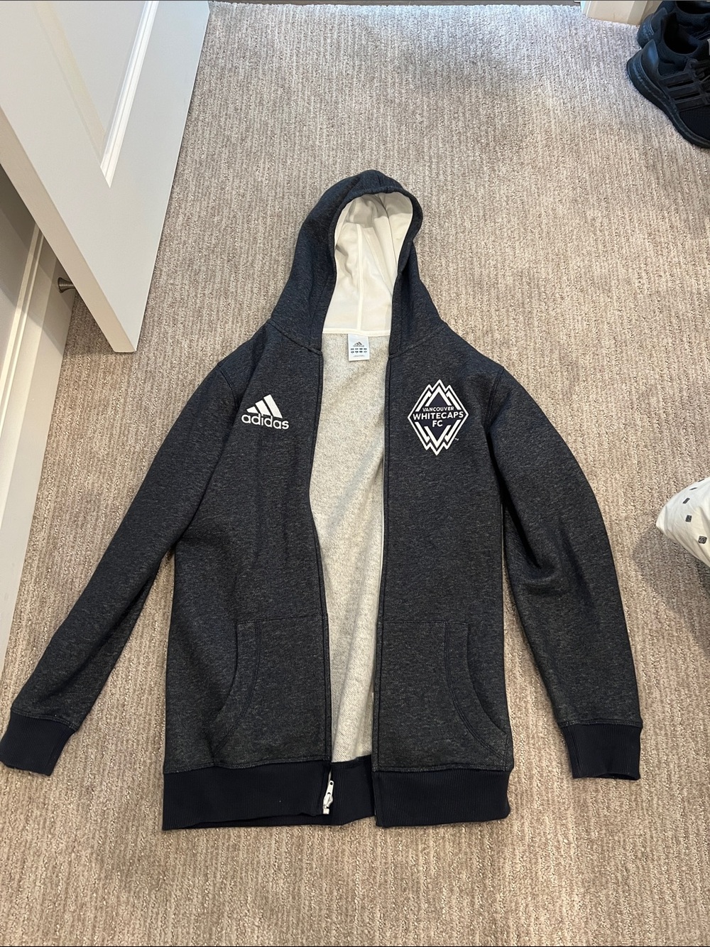 adidas Dark Gray Hoodie with White Logos and Lining